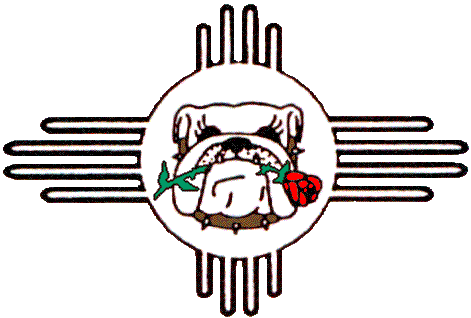 Dellbulldog logo - Bulldog with rose in mouth surrounded by NM sun